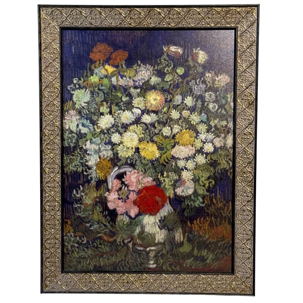 Van Gogh Reproduction Bouquet of Flowers in a Vase Gold Frame Wall Art Vintage